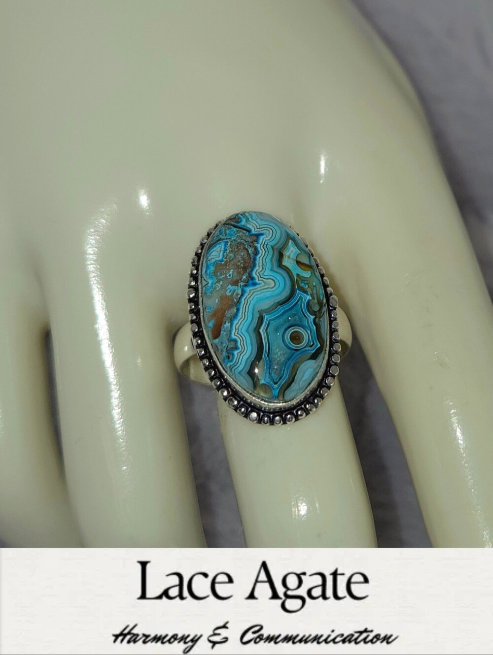 Blue Laguna Lace Agate Gemstone Chunky Handmade Ring Sliced Geode
